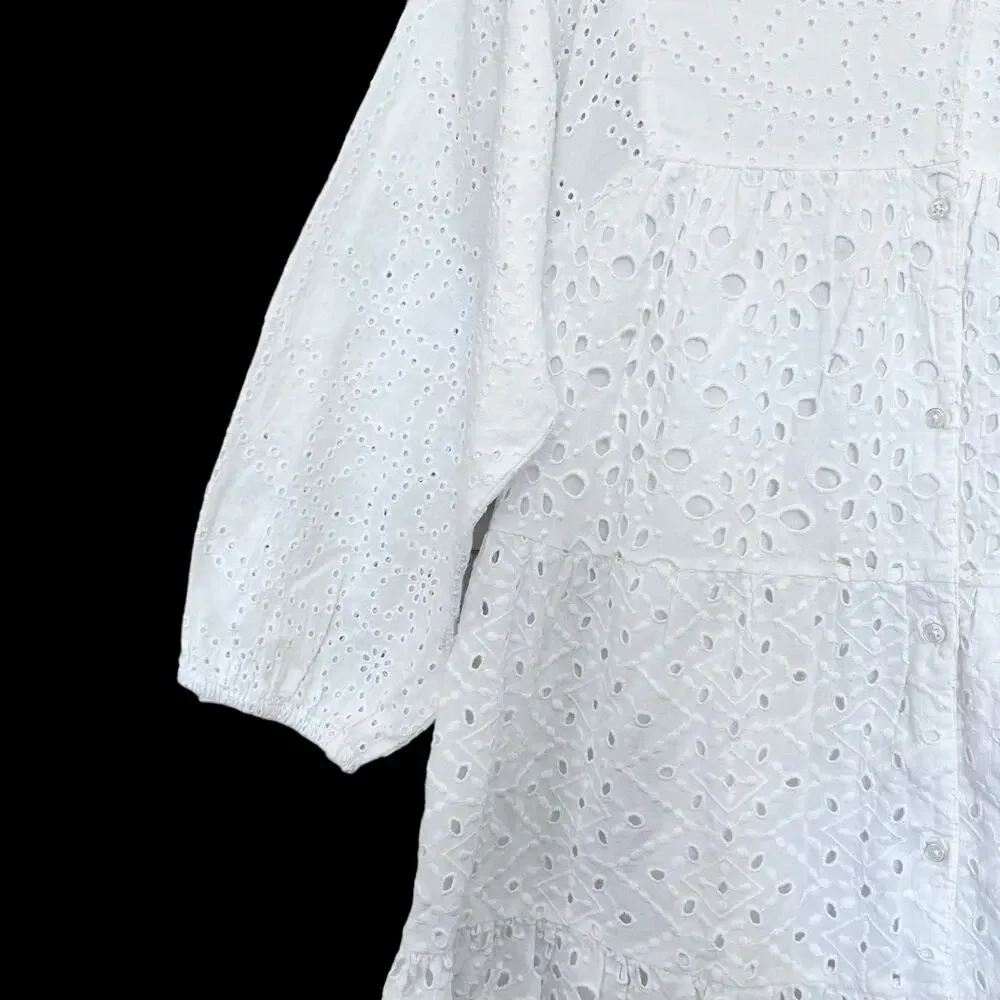 Zara Girls White Eyelet Embroidered Dress V Neck Long Sleeve Cottagecore 6